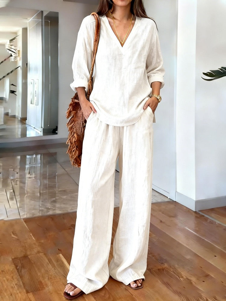 Women's Washed Cotton 2-Piece Set - V-Neck Top & Wide-Leg Pants