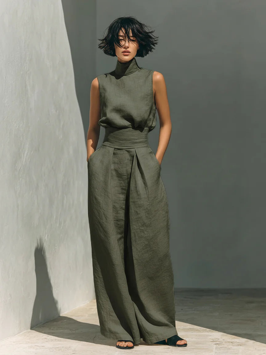 Women's Minimalist Cotton And Linen Blend Sleeveless Blouse And Wide-leg Pants Set