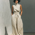 Women's Minimalist Cotton And Linen Blend Sleeveless Blouse And Wide-leg Pants Set