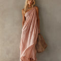 Women's Minimalist One-Shoulder Cotton Linen Maxi Dress in Soft Pink