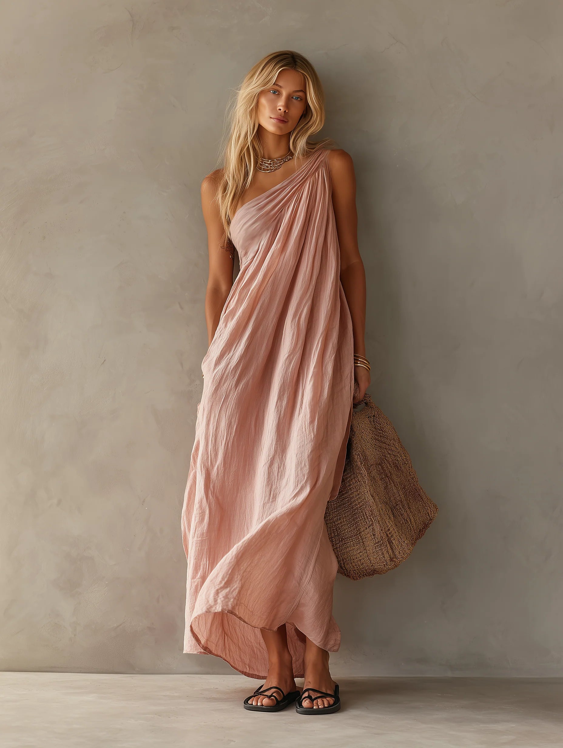Women's Minimalist One-Shoulder Cotton Linen Maxi Dress in Soft Pink