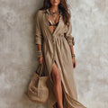 Women's Casual Camel-colored Cotton-linen Long-sleeved Maxi Dress