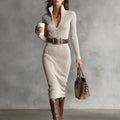 Women's Slim Fit Half Turtleneck V-Neck Long Sleeve Knitted Belted Midi Dress