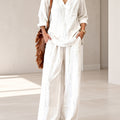 Women's Washed Cotton 2-Piece Set - V-Neck Top & Wide-Leg Pants