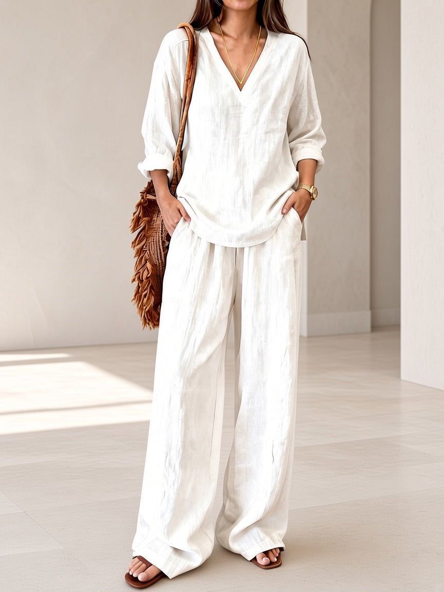 Women's Washed Cotton 2-Piece Set - V-Neck Top & Wide-Leg Pants
