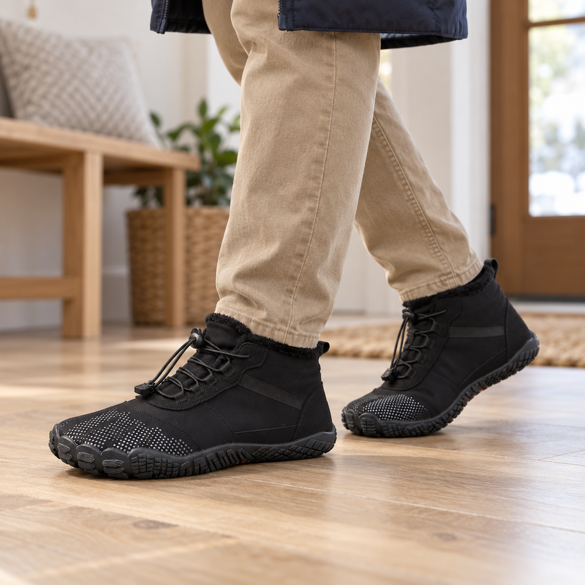 Black fleece-lined barefoot boots worn with casual trousers in a home setting.