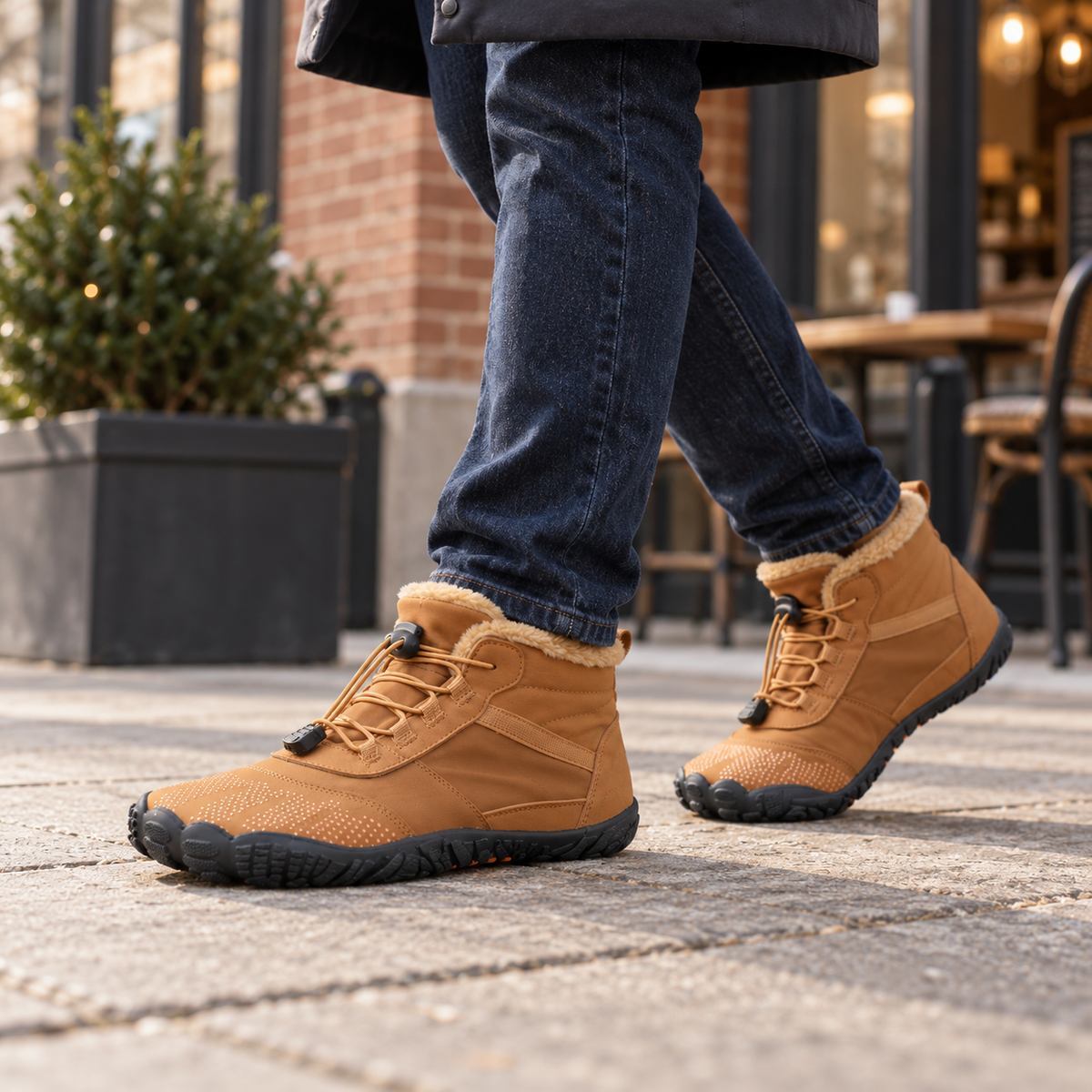Tan fleece-lined barefoot boots worn with casual trousers in a cafe setting.