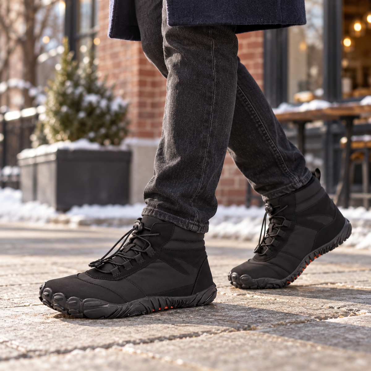 A man wearing black Cerenvia winter boots on a neighborhood pavement.