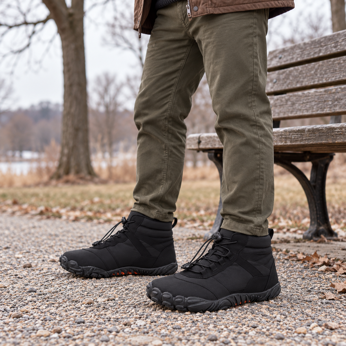 Black Cerenvia winter boots worn with olive trousers in a winter park.