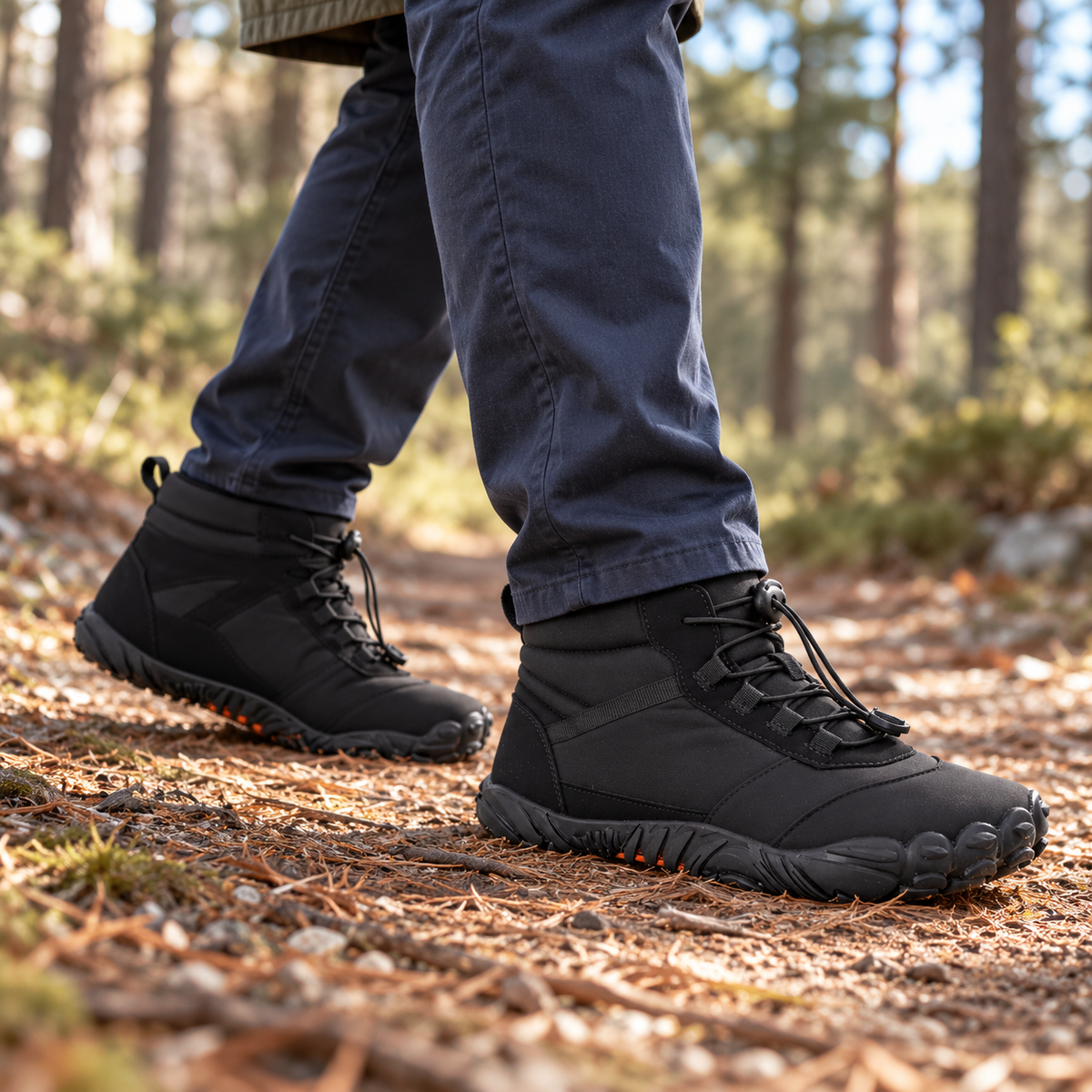 A man wearing black Cerenvia winter boots on a dry woodland path.