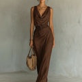 Minimalist Cowl Neck Sleeveless Belted Maxi Dress