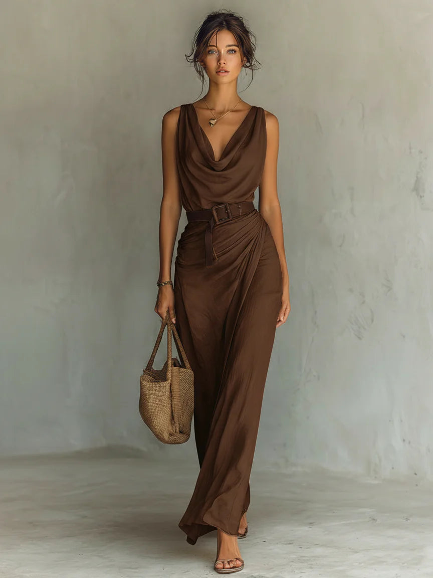 Minimalist Cowl Neck Sleeveless Belted Maxi Dress