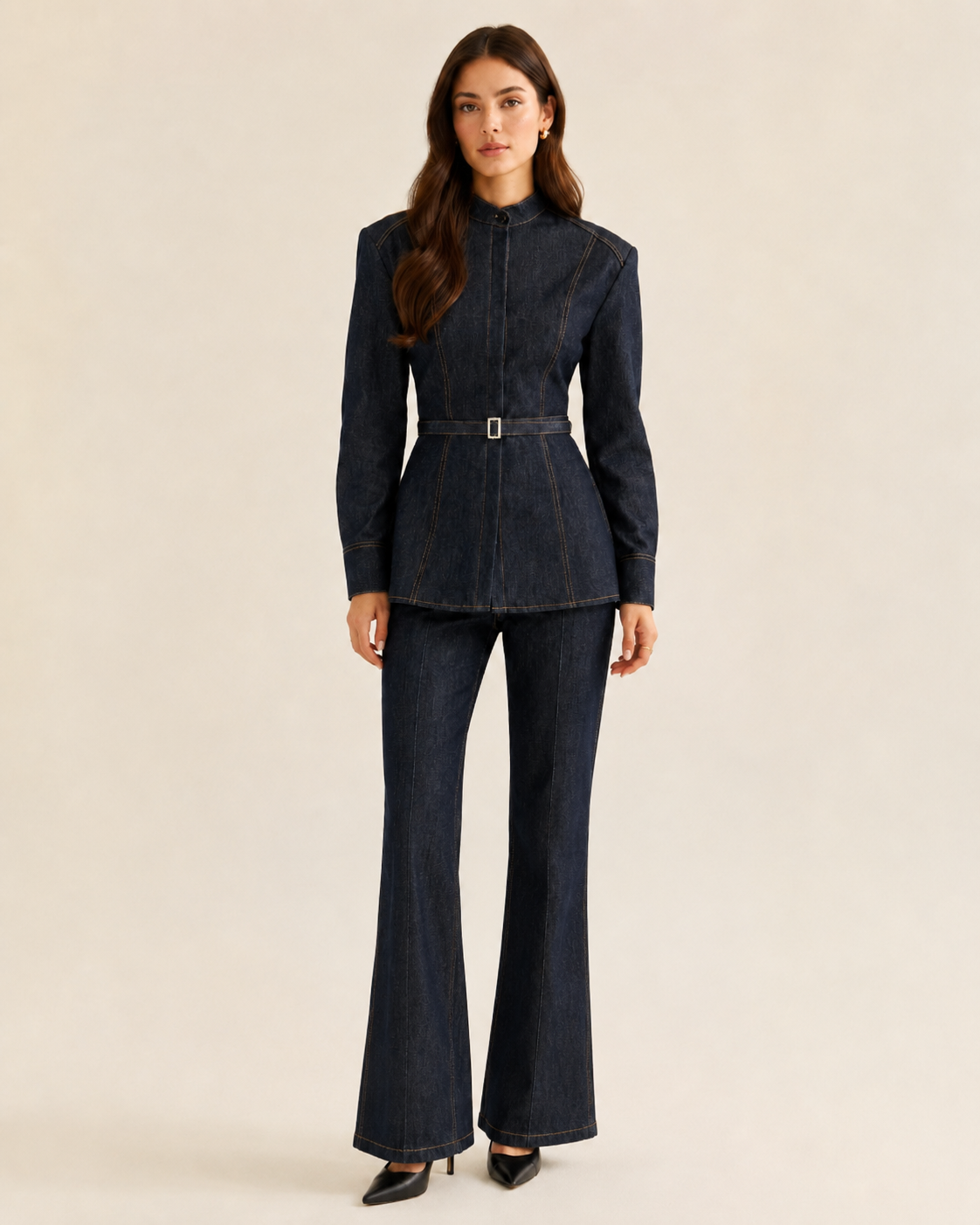 Sculpted Waist Denim Shirt & Flared Pants Set