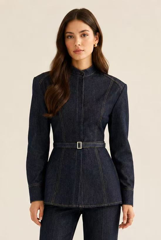 Sculpted Waist Denim Shirt & Flared Pants Set