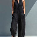 Women's Minimalist Linen Blend Button-up Stand-collar Sleeveless Loose Jumpsuit