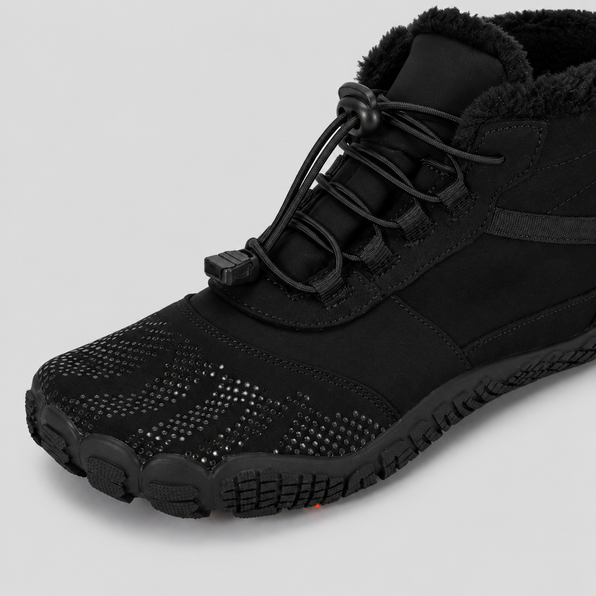 Color: Black | Detail view of fleece-lined barefoot winter boots