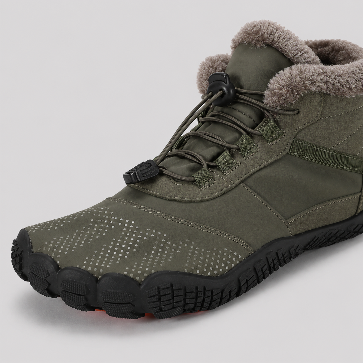 Color: Army Green | Detail view of fleece-lined barefoot winter boots