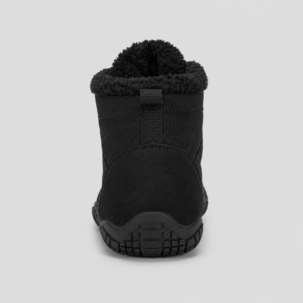 Color: Black | Heel view of fleece-lined barefoot winter boots