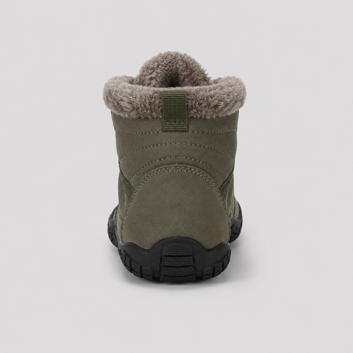 Color: Army Green | Heel view of fleece-lined barefoot winter boots