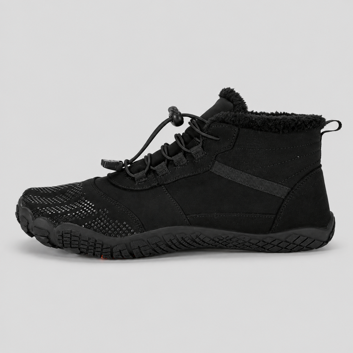Color: Black | Hero view of fleece-lined barefoot winter boots