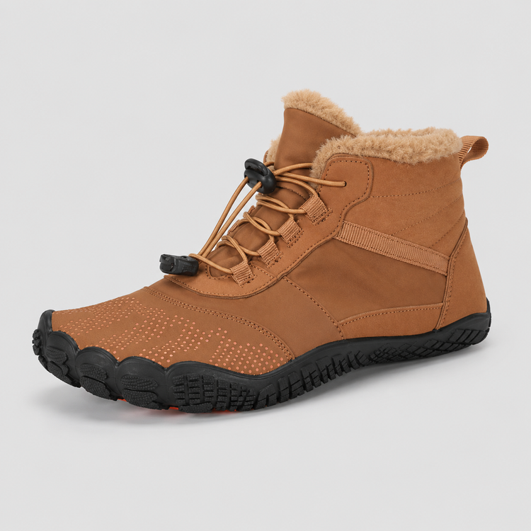 Color: Tan | Hero view of fleece-lined barefoot winter boots