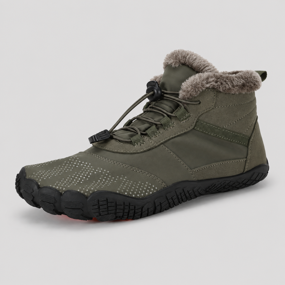 Color: Army Green | Hero view of fleece-lined barefoot winter boots