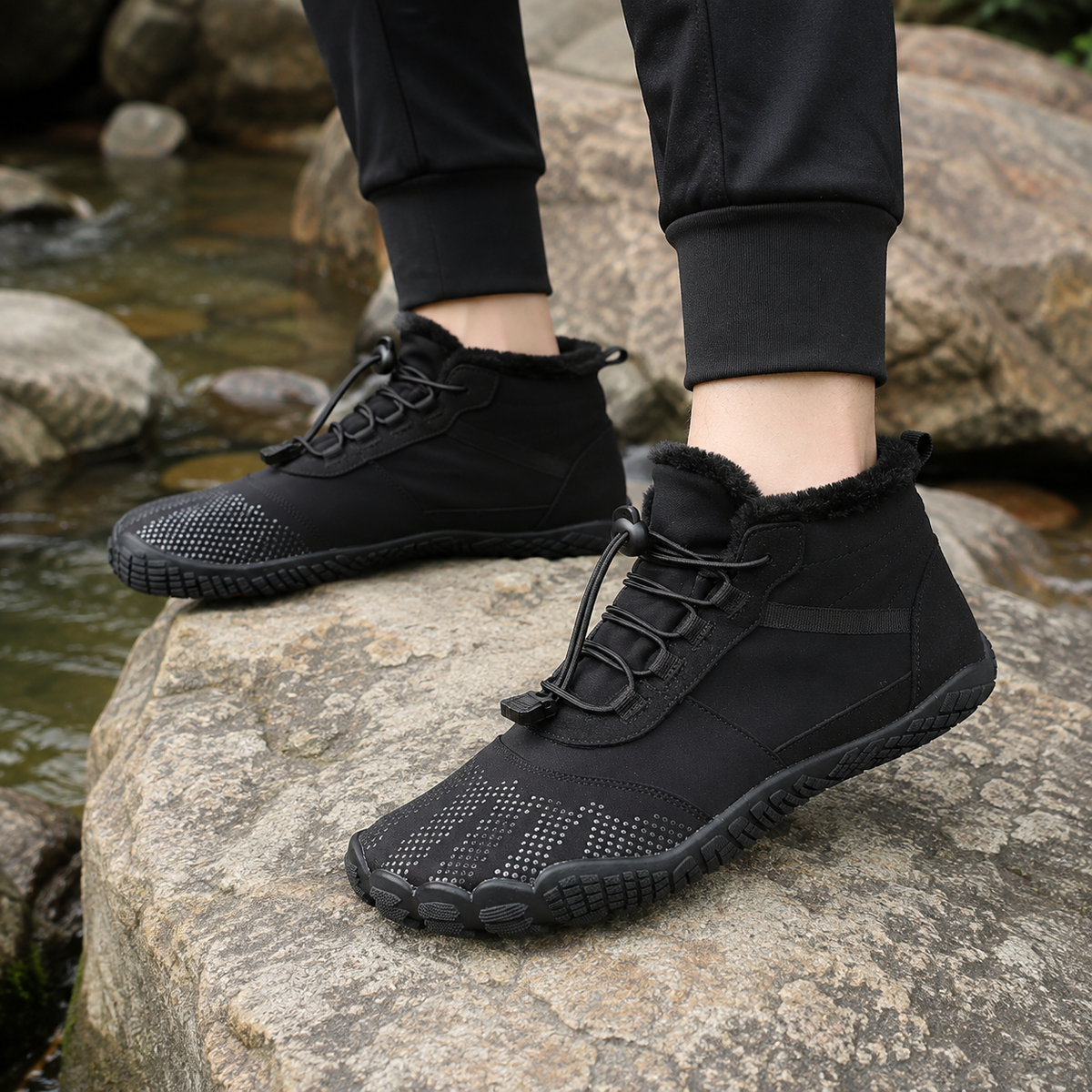 Color: Black | Lifestyle view of fleece-lined barefoot winter boots