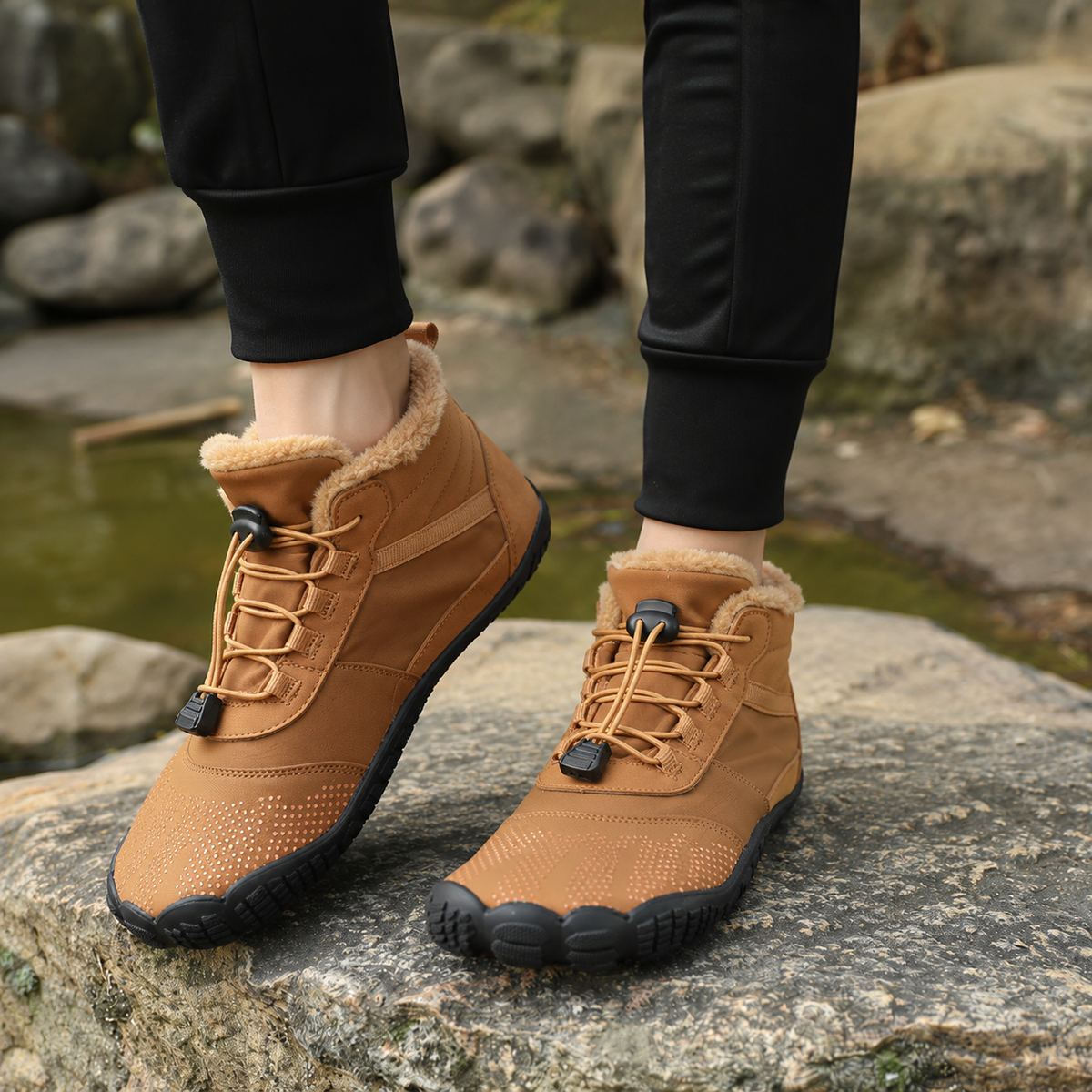 Color: Tan | Lifestyle view of fleece-lined barefoot winter boots