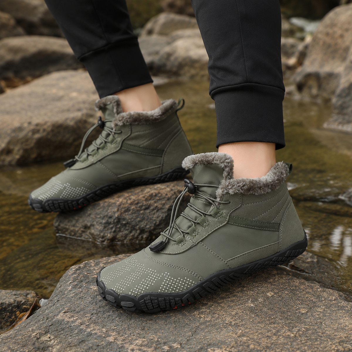 Color: Army Green | Lifestyle view of fleece-lined barefoot winter boots
