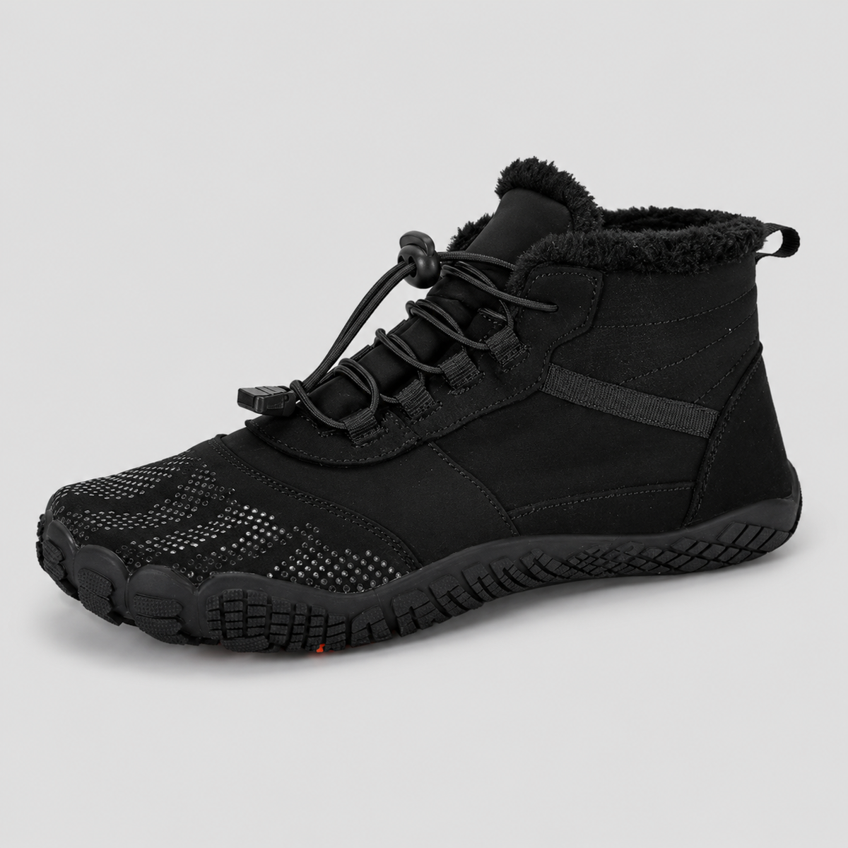 Color: Black | Side view of fleece-lined barefoot winter boots