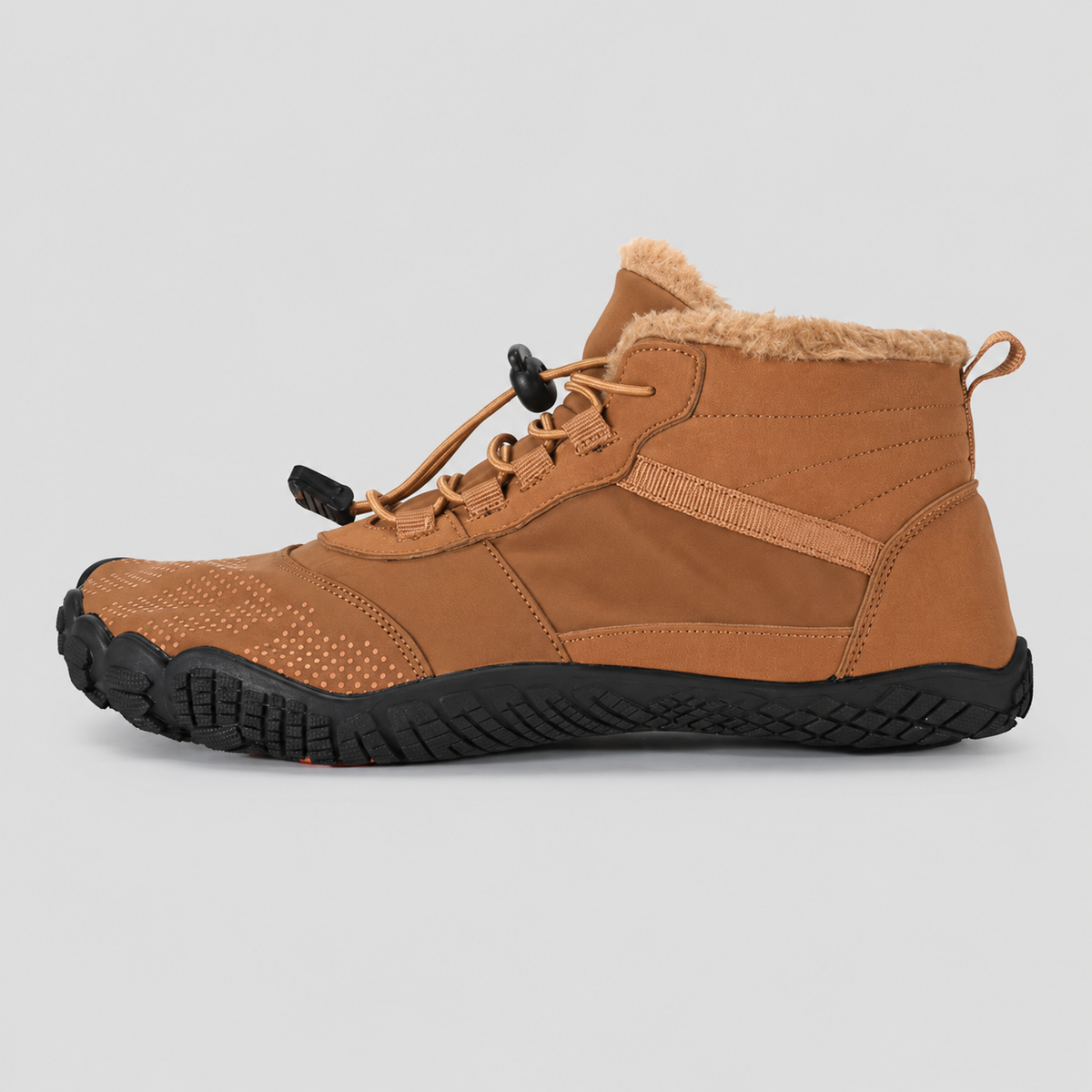 Color: Tan | Side view of fleece-lined barefoot winter boots