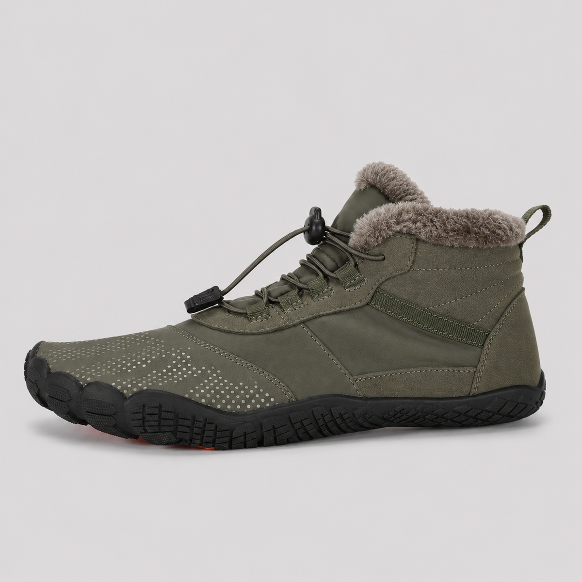 Color: Army Green | Side view of fleece-lined barefoot winter boots