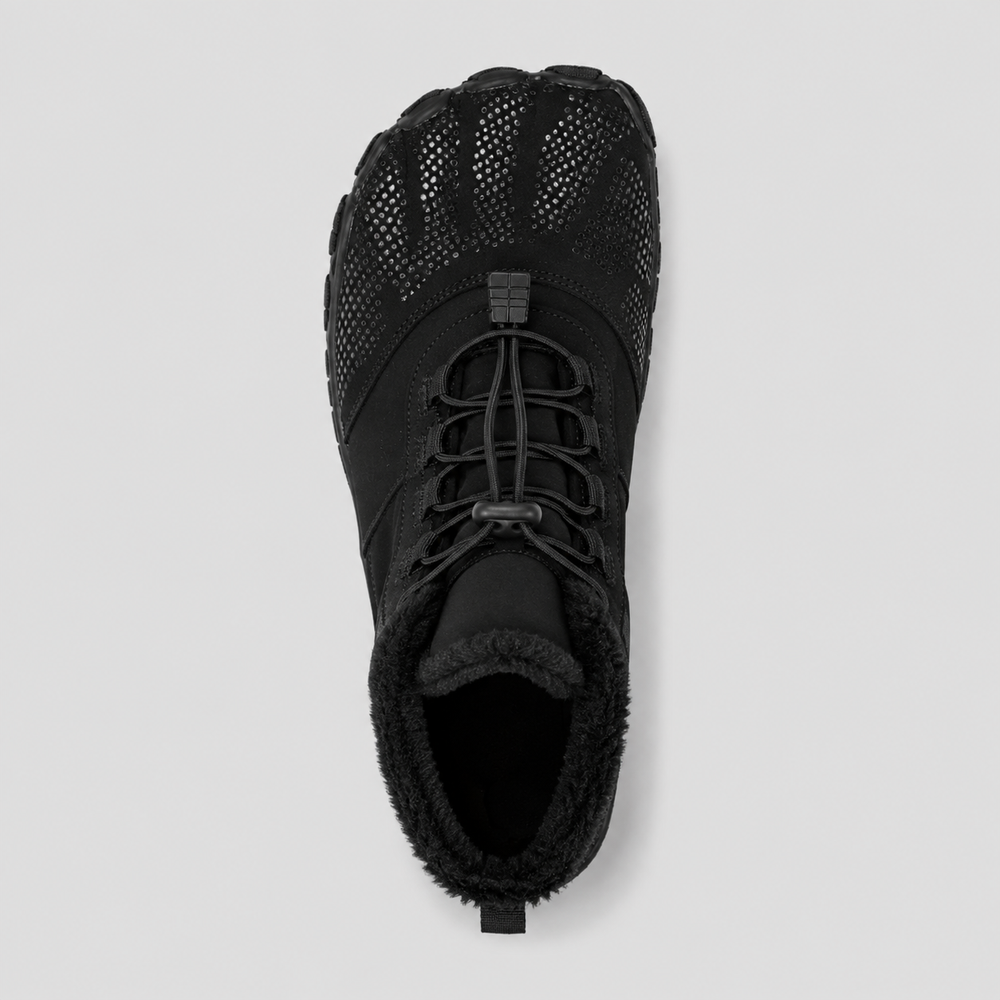 Color: Black | Top view of fleece-lined barefoot winter boots