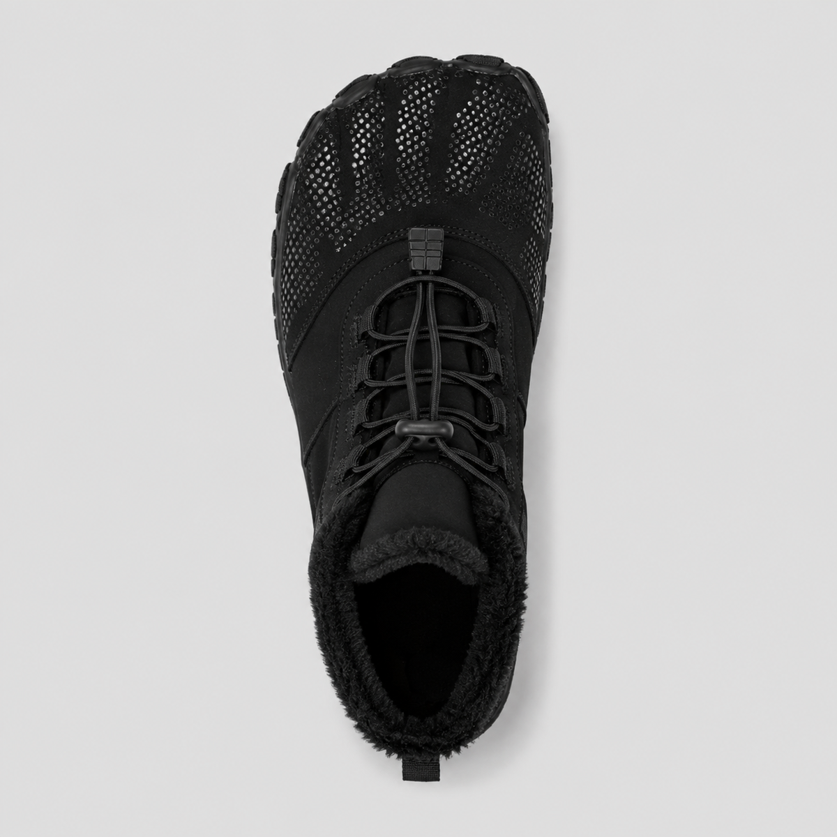 Color: Black | Top view of fleece-lined barefoot winter boots