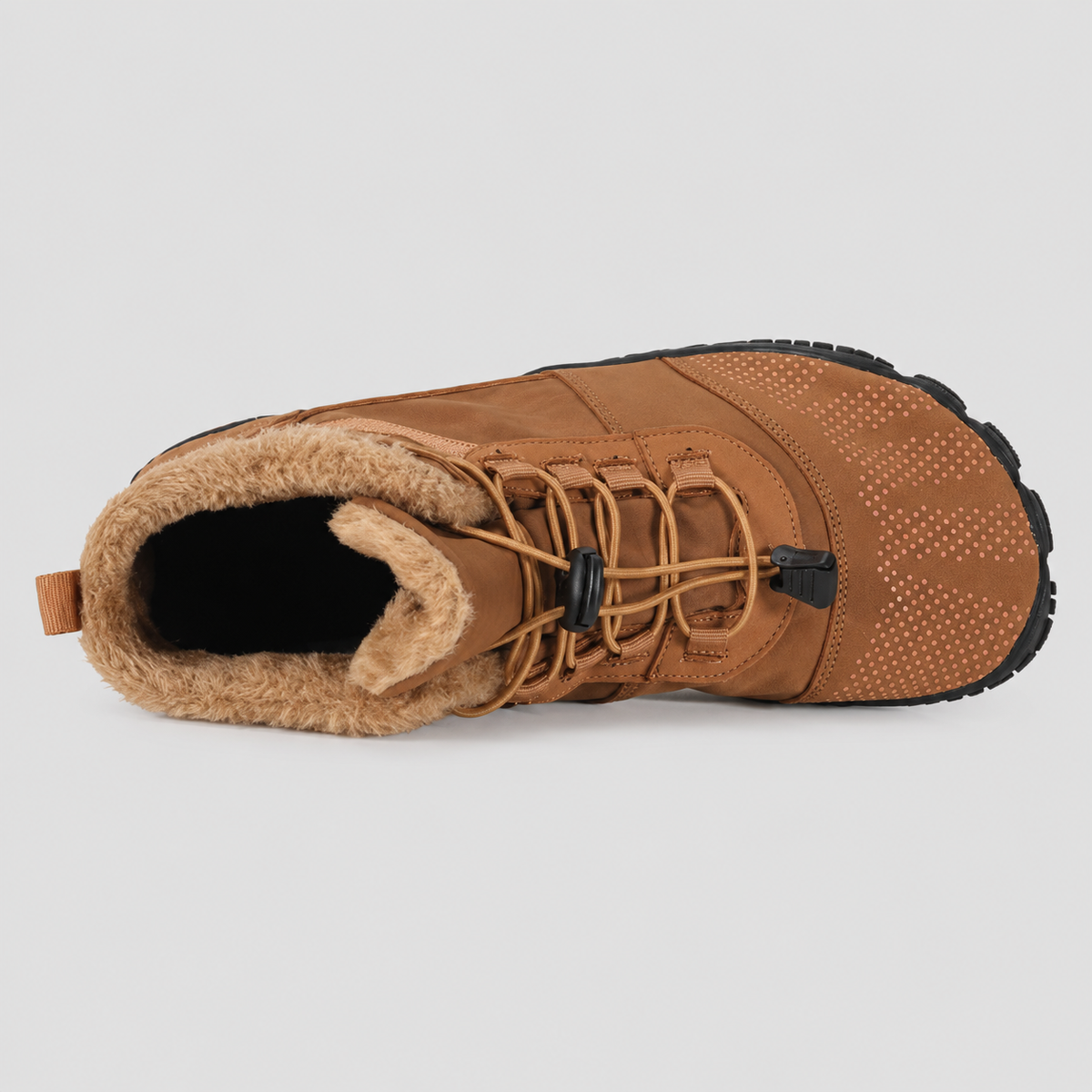 Color: Tan | Top view of fleece-lined barefoot winter boots