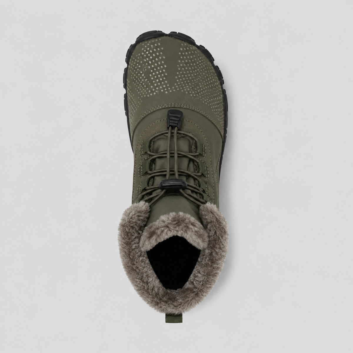 Color: Army Green | Top view of fleece-lined barefoot winter boots