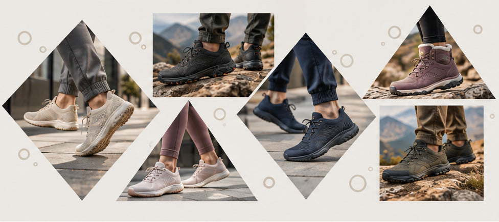 Geometric collage of everyday comfort footwear