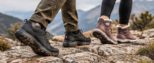 Walking shoes and boots on a rocky outdoor path