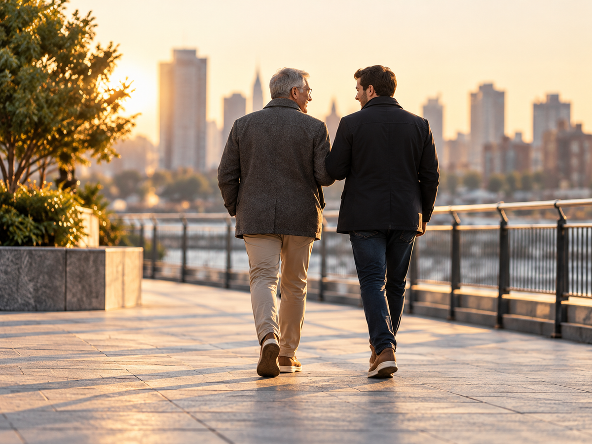 An older man and an adult man walking together on a city promenade; illustrative scene
