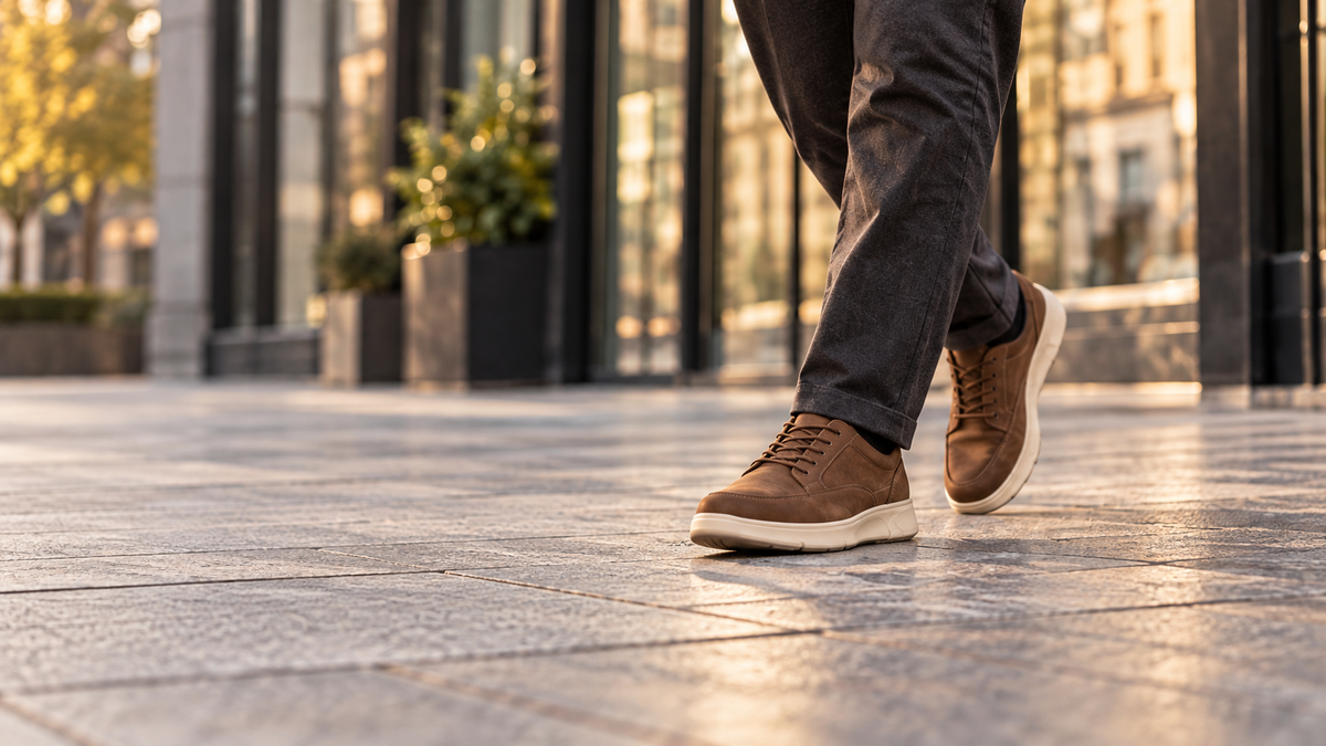 A man walking in brown casual shoes on a city sidewalk
