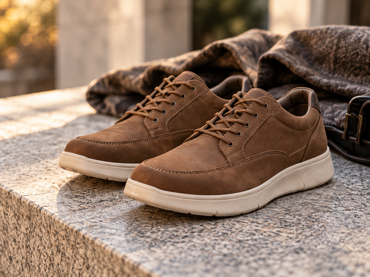 Brown casual shoes photographed on a stone bench