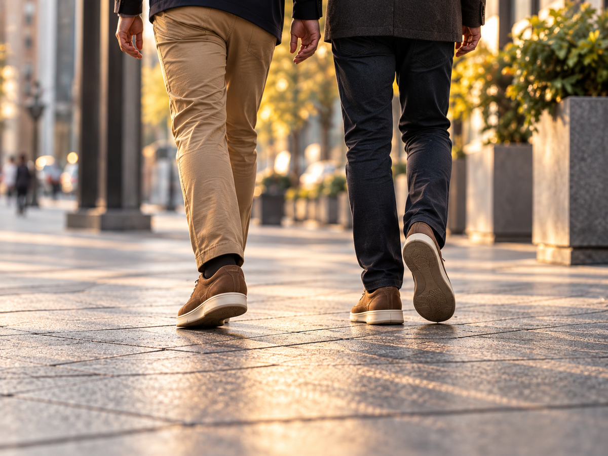 Two men walking in brown casual shoes