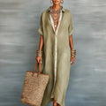 Women's Minimalist Linen Blend Short-sleeved Shirt Maxi Dress