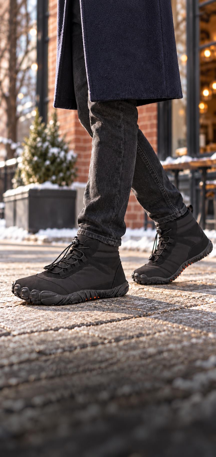 Black Cerenvia winter boots worn on a winter city walk.